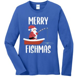 Merry Fishmas Funny Santa Fishing Fisher Christmas Xmas Funny Gift Ladies Long Sleeve Shirt