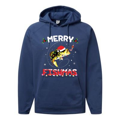 Merry Fishmas Funny Fishing Christmas Pajama Fishers Performance Fleece Hoodie