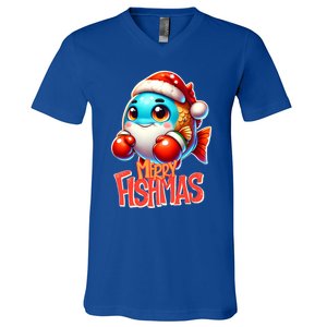 Merry Fishmas Fishing Fish Christmas Santa Fish Fun Holiday Gift V-Neck T-Shirt