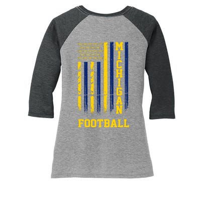 Michigan Football Fan American Flag Women's Tri-Blend 3/4-Sleeve Raglan Shirt