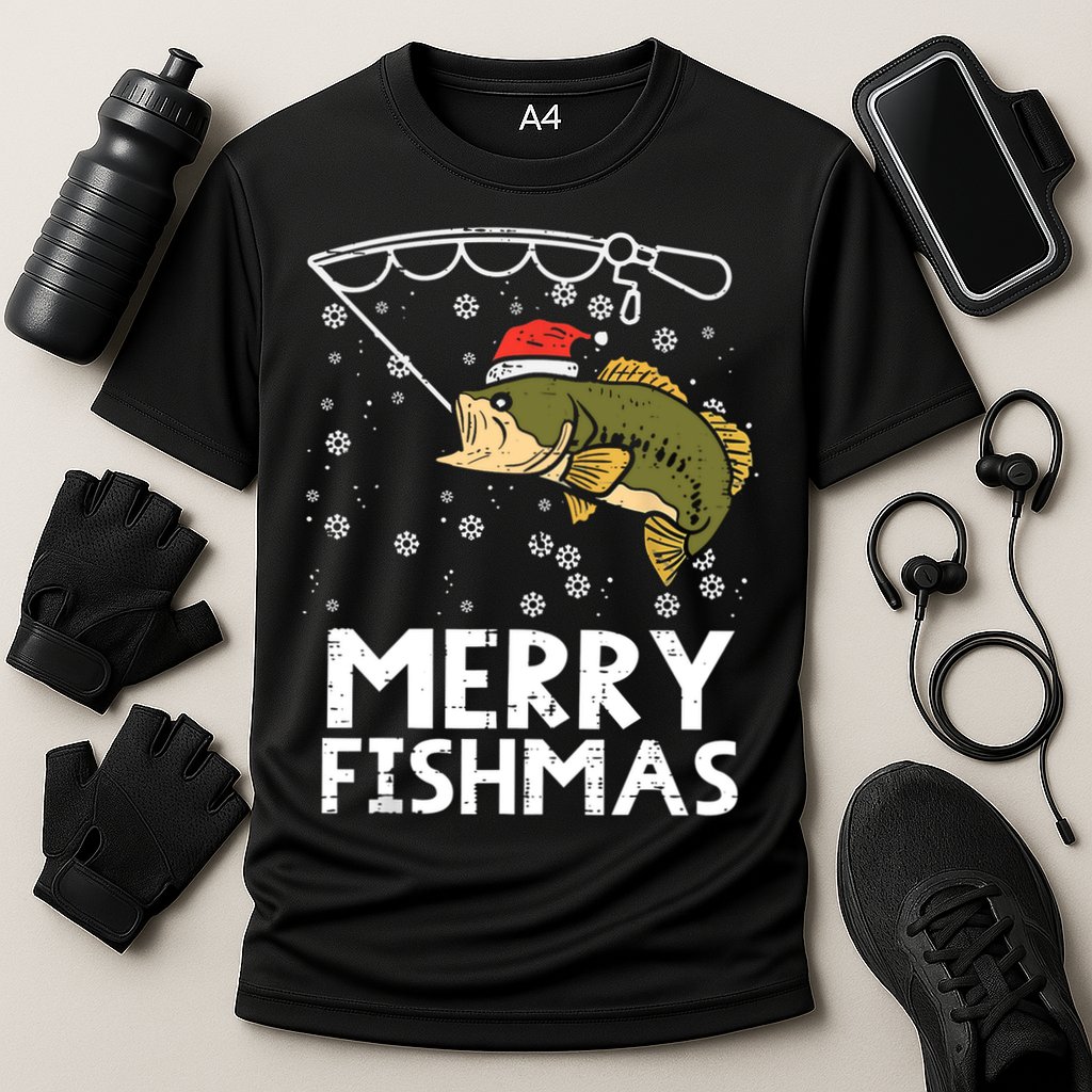 Merry Fishmas Fish Fishing Christmas Pajamas Christmas Gift Cooling Performance Crew T-Shirt