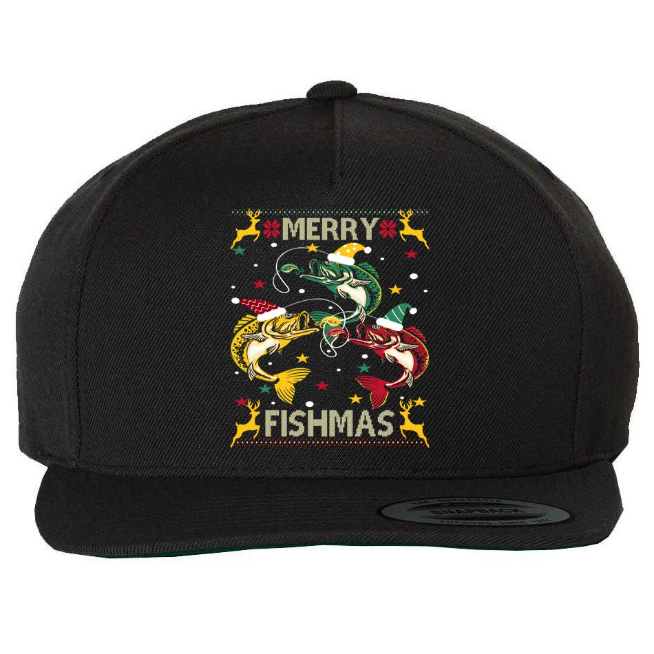 Merry Fishmas Fish Fishing Xmas Christmas Gift Wool Snapback Cap