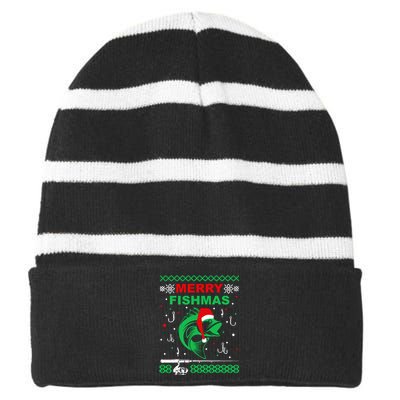 Merry Fishmas Funny Fishing Ugly Christmas Sweater Boy Striped Beanie with Solid Band