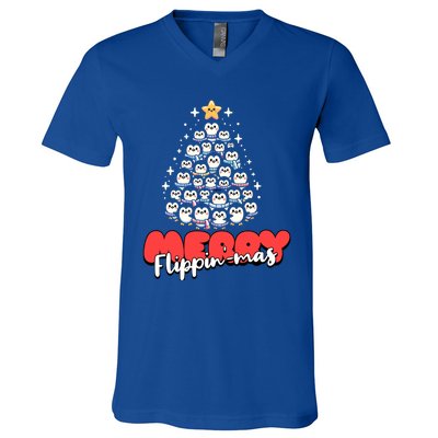 Merry FlippinMas Funny Penguins Christmas Tree Great Gift V-Neck T-Shirt