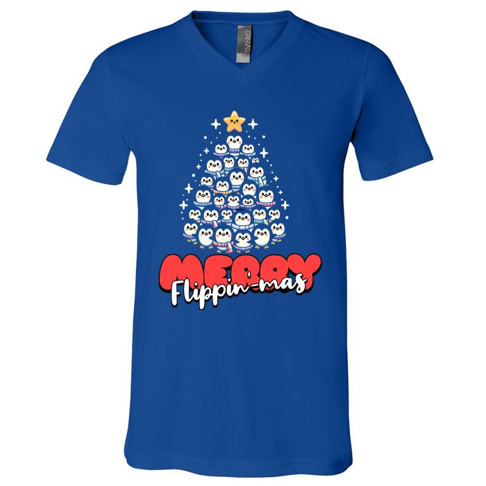 Merry FlippinMas Funny Penguins Christmas Tree Great Gift V-Neck T-Shirt