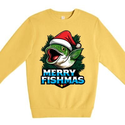 Merry Fishmas Funny Christmas Fish Holiday Fishing Santa Hat Cool Gift Premium Crewneck Sweatshirt