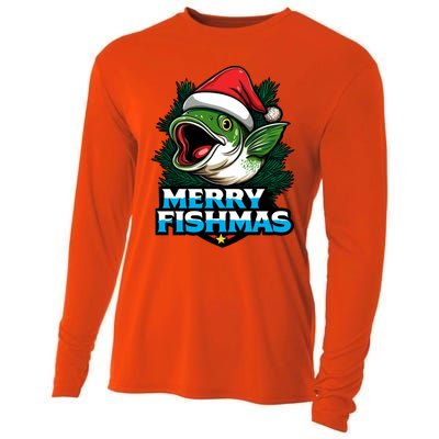 Merry Fishmas Funny Christmas Fish Holiday Fishing Santa Hat Cool Gift Cooling Performance Long Sleeve Crew