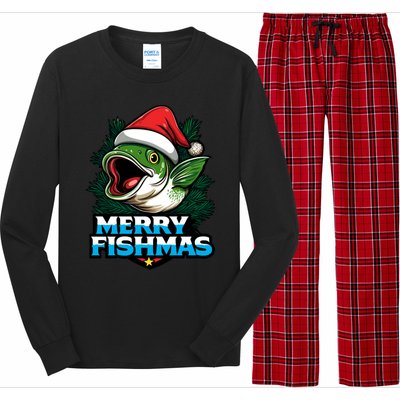 Merry Fishmas Funny Christmas Fish Holiday Fishing Santa Hat Cool Gift Long Sleeve Pajama Set