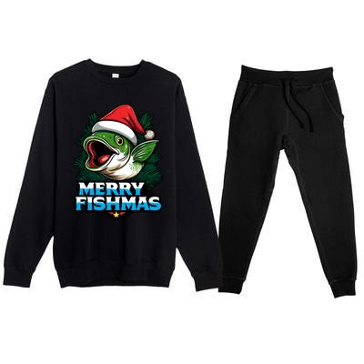 Merry Fishmas Funny Christmas Fish Holiday Fishing Santa Hat Cool Gift Premium Crewneck Sweatsuit Set