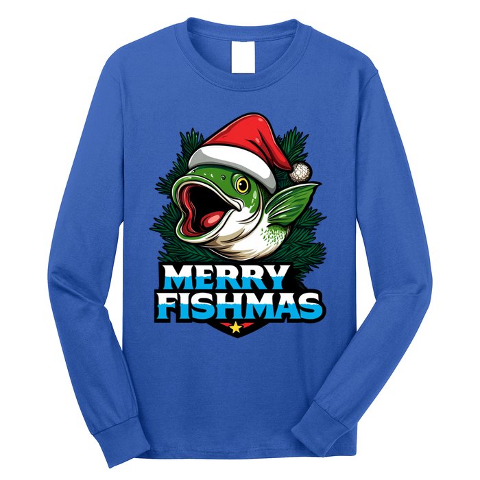 Merry Fishmas Funny Christmas Fish Holiday Fishing Santa Hat Cool Gift Long Sleeve Shirt