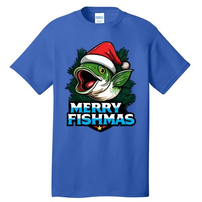 Merry Fishmas Funny Christmas Fish Holiday Fishing Santa Hat Cool Gift Tall T-Shirt