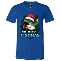 Merry Fishmas Funny Christmas Fish Holiday Fishing Santa Hat Cool Gift V-Neck T-Shirt