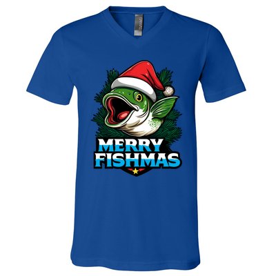 Merry Fishmas Funny Christmas Fish Holiday Fishing Santa Hat Cool Gift V-Neck T-Shirt