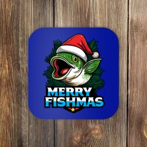 Merry Fishmas Funny Christmas Fish Holiday Fishing Santa Hat Cool Gift Coaster