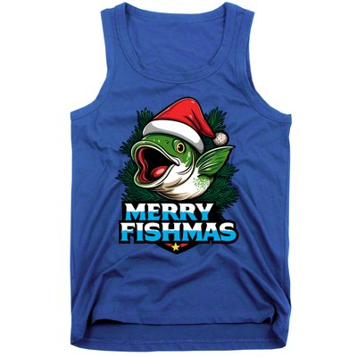 Merry Fishmas Funny Christmas Fish Holiday Fishing Santa Hat Cool Gift Tank Top