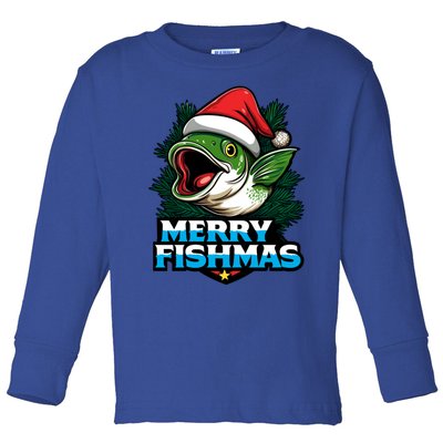 Merry Fishmas Funny Christmas Fish Holiday Fishing Santa Hat Cool Gift Toddler Long Sleeve Shirt