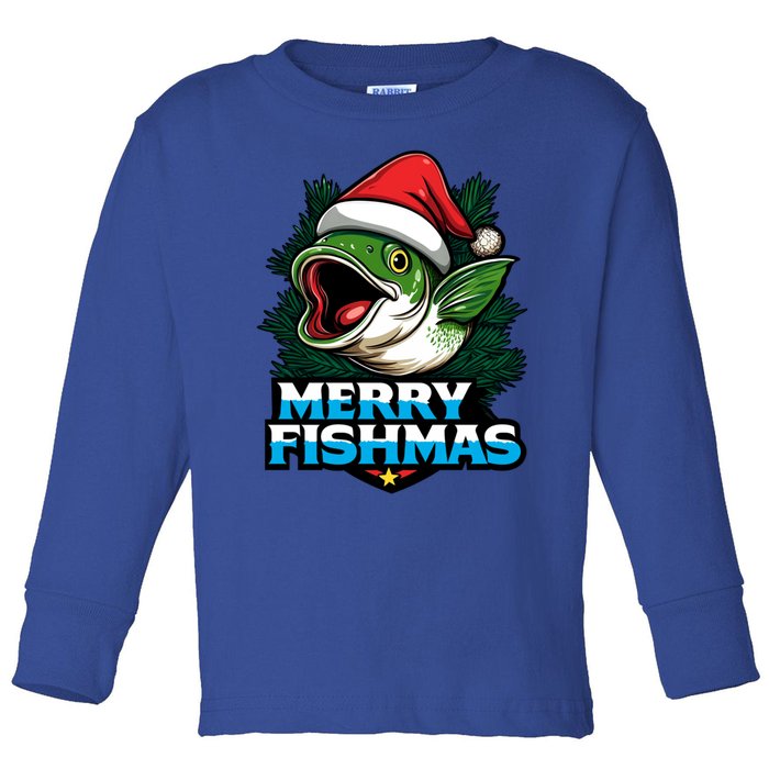 Merry Fishmas Funny Christmas Fish Holiday Fishing Santa Hat Cool Gift Toddler Long Sleeve Shirt