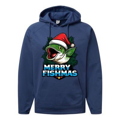 Merry Fishmas Funny Christmas Fish Holiday Fishing Santa Hat Cool Gift Performance Fleece Hoodie