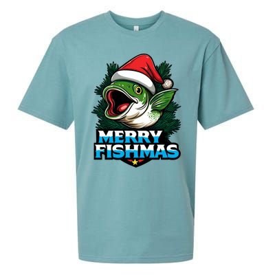 Merry Fishmas Funny Christmas Fish Holiday Fishing Santa Hat Cool Gift Sueded Cloud Jersey T-Shirt