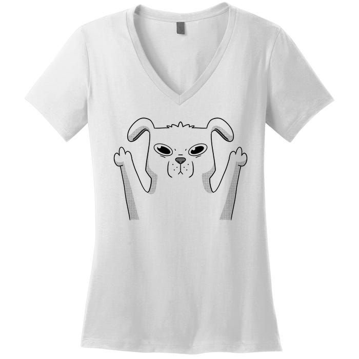 Middle Finger Funny Cute Dog Women's V-Neck T-Shirt