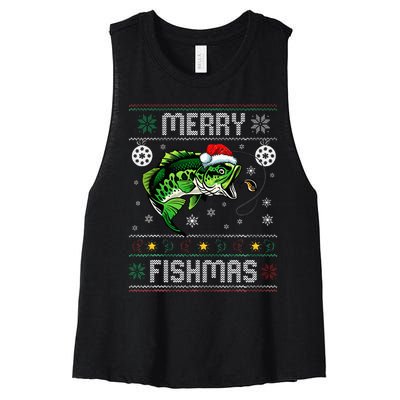 Merry Fishmas Funny Fish Fishing Fisherman Ugly Christmas Women's Racerback Cropped Tank