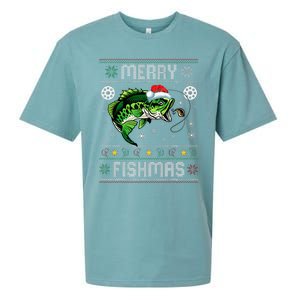 Merry Fishmas Funny Fish Fishing Fisherman Ugly Christmas Sueded Cloud Jersey T-Shirt