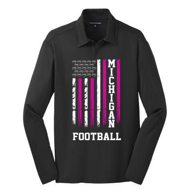 Michigan Football Fan Pink American Flag Silk Touch Performance Long Sleeve Polo