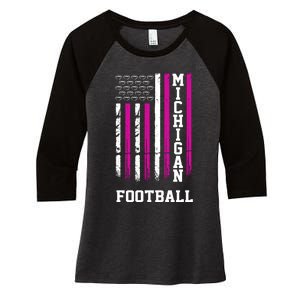 Michigan Football Fan Pink American Flag Women's Tri-Blend 3/4-Sleeve Raglan Shirt