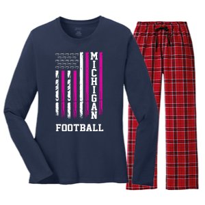 Michigan Football Fan Pink American Flag Women's Long Sleeve Flannel Pajama Set 