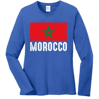 Morocco Flag Football Vintage Fan Soccer Team Pride Cool Gift Ladies Long Sleeve Shirt