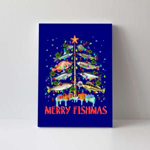 Merry Fishmas Funny Christmas Tree Lights Fish Fishing Rod Great Gift Canvas