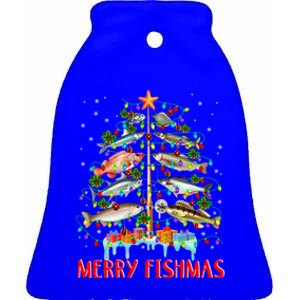 Merry Fishmas Funny Christmas Tree Lights Fish Fishing Rod Great Gift Ceramic Bell Ornament