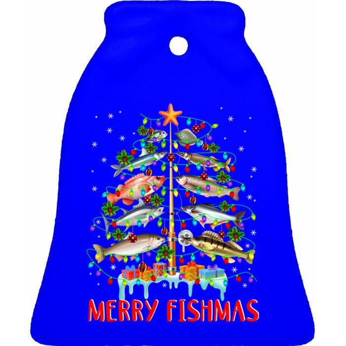 Merry Fishmas Funny Christmas Tree Lights Fish Fishing Rod Great Gift Ceramic Bell Ornament