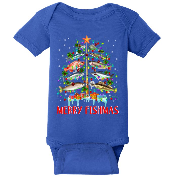 Merry Fishmas Funny Christmas Tree Lights Fish Fishing Rod Great Gift Baby Bodysuit