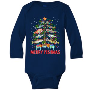 Merry Fishmas Funny Christmas Tree Lights Fish Fishing Rod Great Gift Baby Long Sleeve Bodysuit