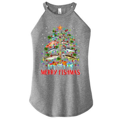 Merry Fishmas Funny Christmas Tree Lights Fish Fishing Rod Great Gift Women’s Perfect Tri Rocker Tank