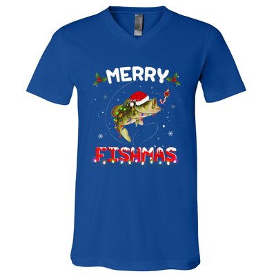 Merry Fishmas Funny Fishing Christmas Pajama Fisher Xmas Gift V-Neck T-Shirt