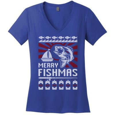 Merry Fishmas Fishing Ugly Merry Christmas Xmas Costume Gift Meaningful Gift Women's V-Neck T-Shirt