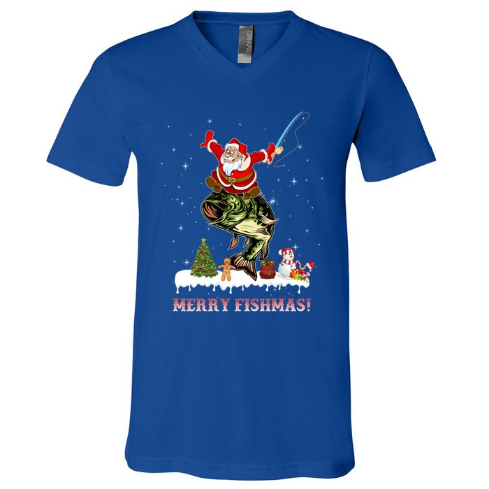 Merry Fishmas Fishing Santa Fish Fisher Christmas Great Gift V-Neck T-Shirt