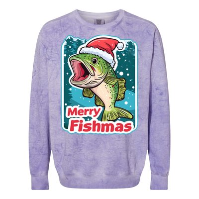 Merry Fishmas Funny Christmas Fish Holiday Fishing Santa Hat Gift Colorblast Crewneck Sweatshirt