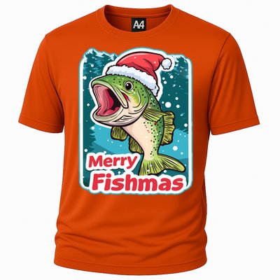 Merry Fishmas Funny Christmas Fish Holiday Fishing Santa Hat Gift Cooling Performance Crew T-Shirt