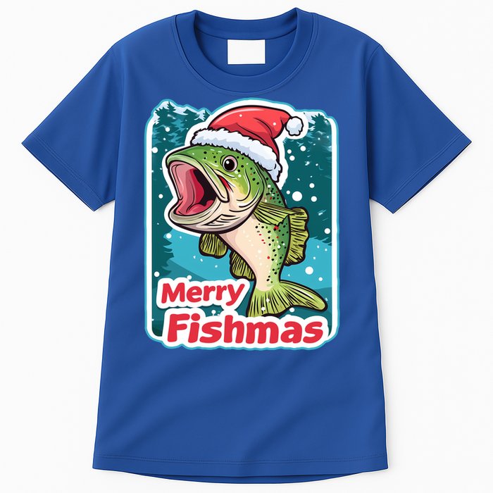 Merry Fishmas Funny Christmas Fish Holiday Fishing Santa Hat Gift Tall T-Shirt