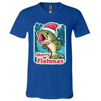 Merry Fishmas Funny Christmas Fish Holiday Fishing Santa Hat Gift V-Neck T-Shirt