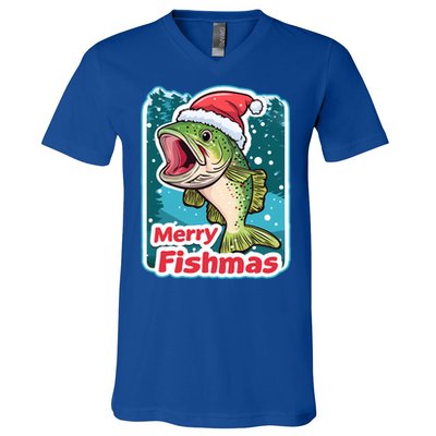 Merry Fishmas Funny Christmas Fish Holiday Fishing Santa Hat Gift V-Neck T-Shirt