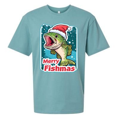 Merry Fishmas Funny Christmas Fish Holiday Fishing Santa Hat Gift Sueded Cloud Jersey T-Shirt