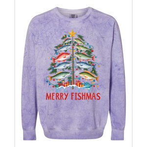 Merry Fishmas Funny Christmas Tree Lights Fish Fishing Rod Gift Colorblast Crewneck Sweatshirt