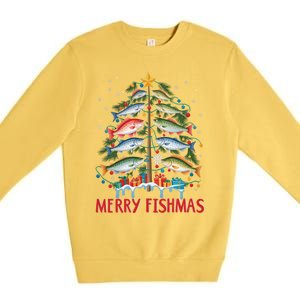 Merry Fishmas Funny Christmas Tree Lights Fish Fishing Rod Gift Premium Crewneck Sweatshirt