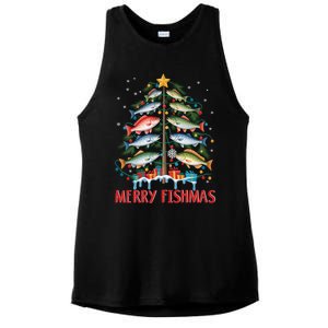 Merry Fishmas Funny Christmas Tree Lights Fish Fishing Rod Gift Ladies PosiCharge Tri-Blend Wicking Tank