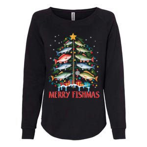 Merry Fishmas Funny Christmas Tree Lights Fish Fishing Rod Gift Womens California Wash Sweatshirt