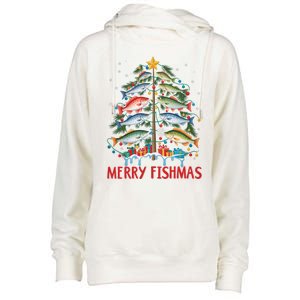 Merry Fishmas Funny Christmas Tree Lights Fish Fishing Rod Gift Womens Funnel Neck Pullover Hood